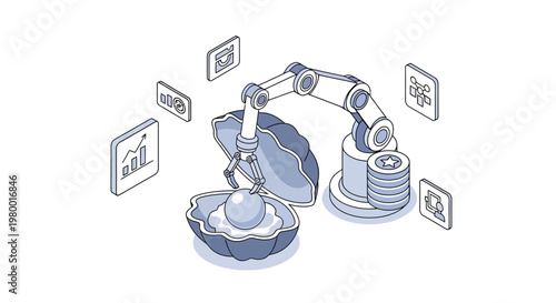 Robotic Arm Extracting Pearl from Oyster Shell, Isometric Data Mining and Artificial Intelligence Concept for Hidden Value Discovery