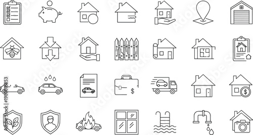 Home Insurance and Property Protection Icons Outline Vector Set House Security Car Coverage and Safety Symbols Collection Isolated on Transparent Background