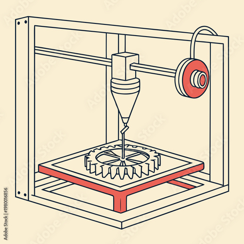 Line art isometric illustration of a 3D printer producing a mechanical gear component from filament showcasing modern additive manufacturing technology 3D printer rapid prototyping high tech