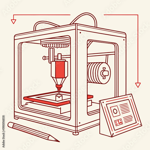 Isometric line art illustration of a 3D printer producing a small cube with control panel and design elements representing additive manufacturing technology 3D printer high tech rapid prototyping