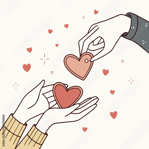 A delicate illustration depicts two hands exchanging a red heart symbolizing giving and receiving love and kindness with floating hearts high quality