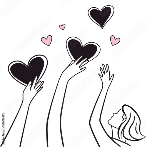 A minimalist illustration depicts hands reaching for floating hearts capturing a sense of affection and hopeful yearning high quality professional detailed modern