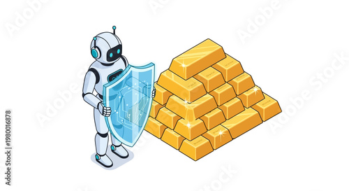 AI Robot Guarding Gold Bullion Bars with a Digital Shield, Financial Security and Asset Protection Technology Concept in Isometric Style
