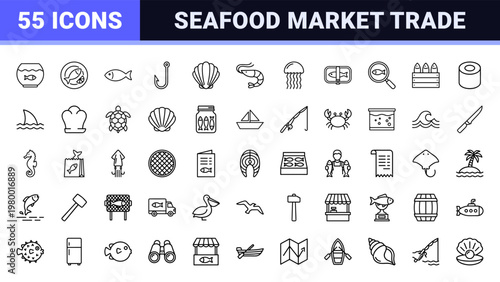 Minimalist seafood and fish market line icons for marine commerce