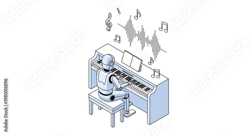 Isometric Illustration of an AI Robot Playing a Piano with Music Notes and Sound Waves, Representing Artificial Intelligence Creativity and Automated Music Composition