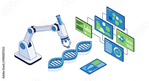 Robotic Arm Manipulating DNA Strand with Data Analytics Dashboards Isometric Vector Illustration. Biotechnology Research and Genetic Engineering AI Laboratory Concept.