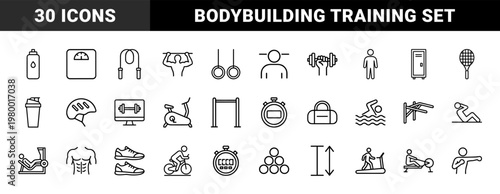 Gym and fitness line icon set for bodybuilding and workout