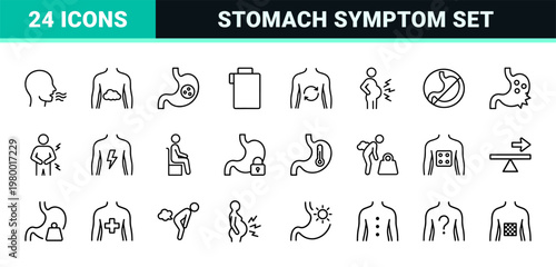 Gastrointestinal health and stomach ache line icon set