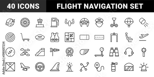 Aviation and air travel minimalist outline icon set for commercial flight and airport navigation