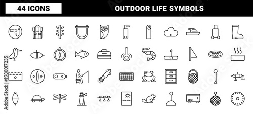 Fishing and camping line icon set with thin stroke equipment symbols