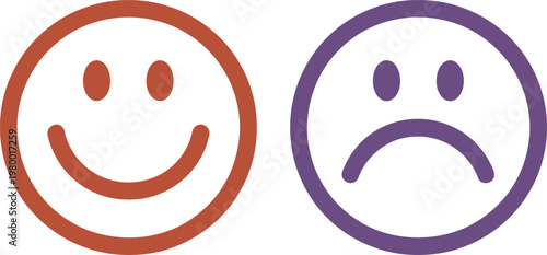 Happy and sad faces representing contrasting human emotions of joy and sorrow in simple icons