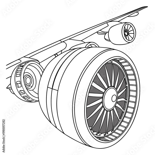 Detailed line art illustration of a large jet engine attached to an airplane wing showcasing aviation technology and aerospace engineering air travel fan blades heavy industry aircraft aviation
