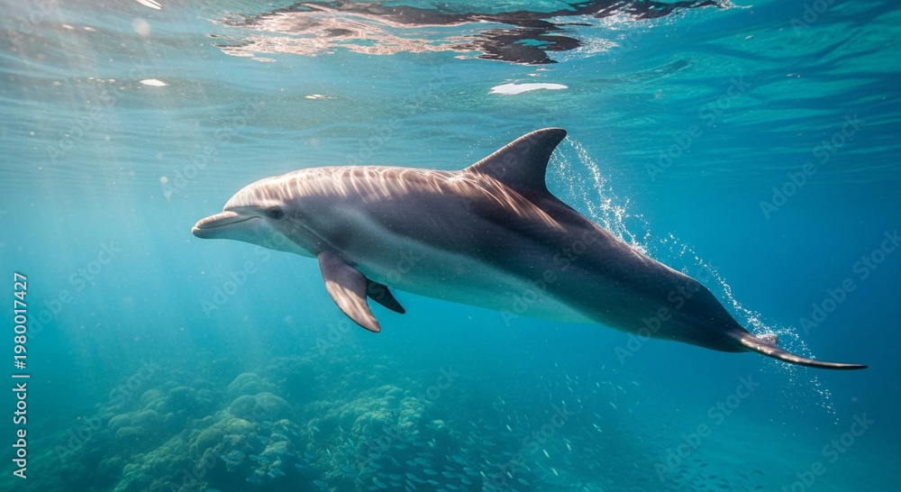 Fototapeta premium Dolphin Gracefully Swimming Underwater in Clear Blue Ocean with Sunlight Rays