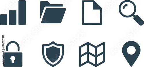 A collection of essential user interface icons representing navigation data management and digital security system tasks