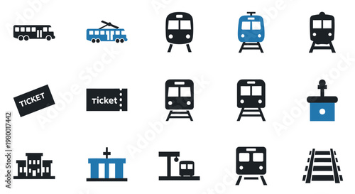 Collection of train and railway related icons in black and blue colors.