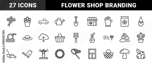 Minimalist flower and gardening outline icon set for florist branding