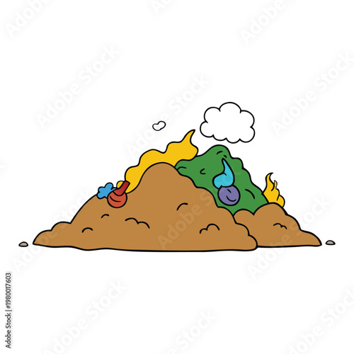 A foul-smelling garbage dump piled high with rotting waste, buzzing flies, and drifting smoke. The air is thick and polluted, creating an unpleasant and unhealthy environment.
