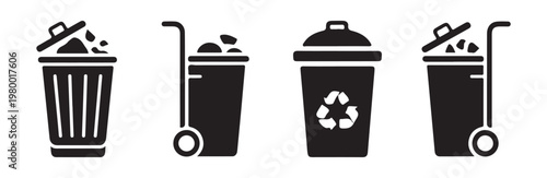 Black trash cans with waste and recycling symbol on white background