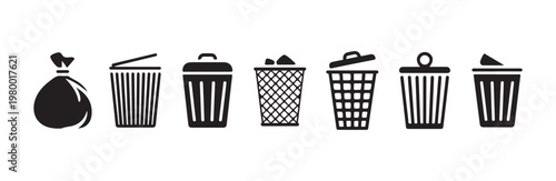 Collection of various black trash cans waste bags and bins on white background
