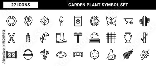 Black and white floral outline icons set with botanical and garden line art elements
