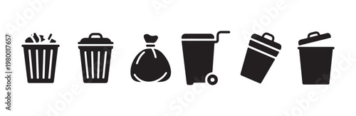 Trash can icons set with garbage bags wheelie bin and open litter containers in flat style