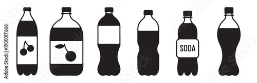Soda bottle silhouette icons with cherry labels and different liquid levels in black color