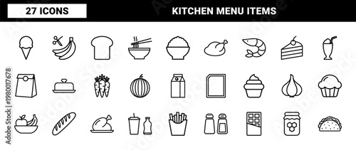 Food and beverage outline icons for restaurant menu and grocery shopping