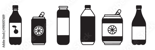 Aluminum cans and plastic bottles with orange and cherry labels for beverage industry icons