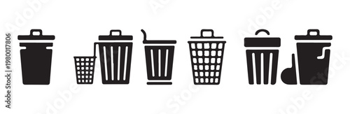 Various black trash cans and waste bins on white background