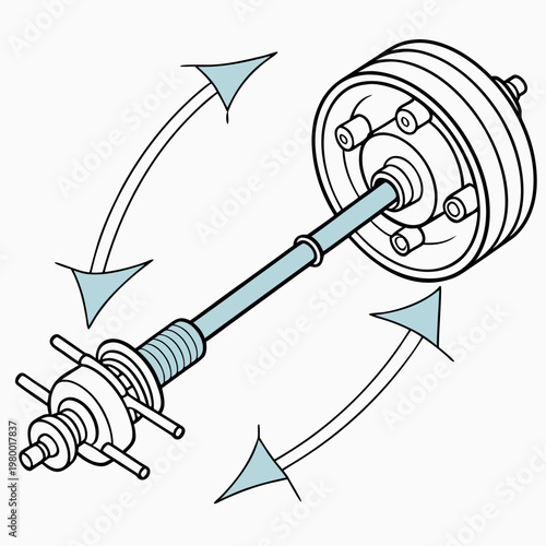 Isometric line art illustration of an axle or shaft with a weighted drum demonstrating rotational movement with curved arrows for mechanical principles simple machine rotation mechanical movement
