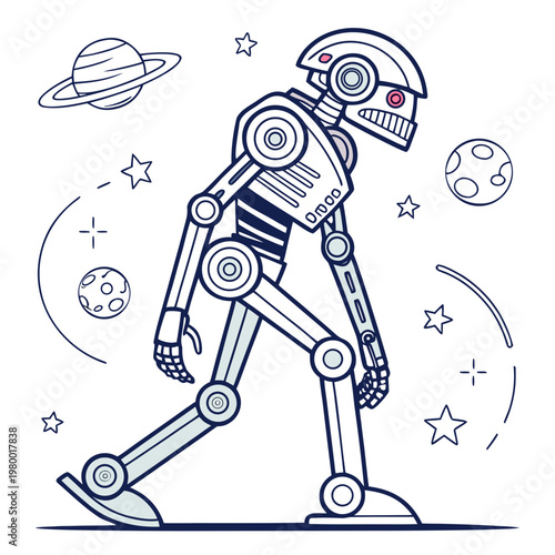 Vector illustration of a walking mechanical robot exploring outer space among planets and stars with science fiction line art solar system deep space celestial body exploration mechanical