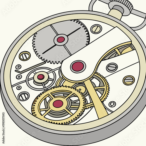 Detailed illustration of a vintage pocket watch mechanism showcasing intricate gears springs cogs that drive the timekeeping function with precision engineering internal workings accurate time