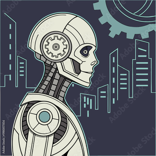 Profile illustration of a humanoid robot in a futuristic cityscape with gear background artificial intelligence science fiction humanoid technology futuristic mechanism automation cybernetic