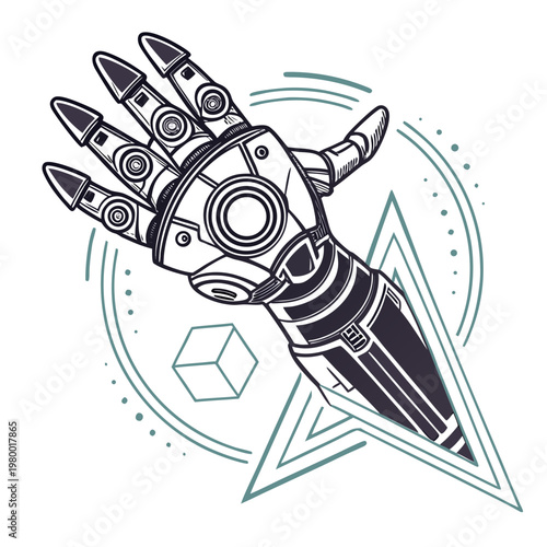 Robotic arm and hand with geometric shapes and abstract elements outline illustration artificial intelligence science fiction automation cybernetic mechanical technology innovation engineering