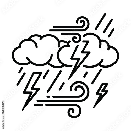 Stormy weather icon with lightning bolt and rain clouds, black line art vector of thunderstorm and wind, meteorology symbol for severe hurricane and heavy rainfall