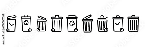 Set of different trash cans and recycling bins icons with wheels and lids on white