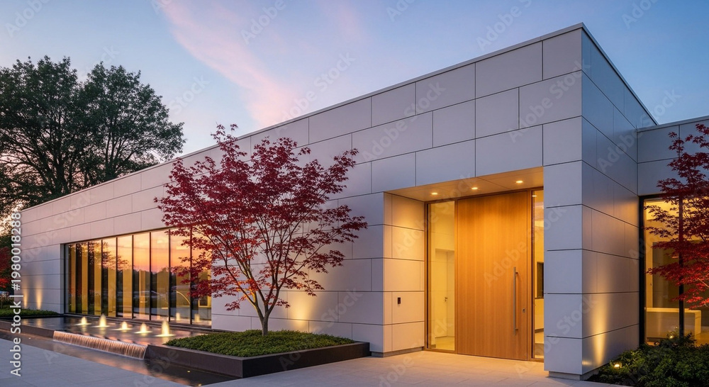 Fototapeta premium Modern and luxury build house at sunset with warm lighting 