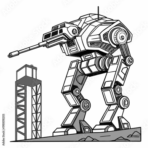 Large futuristic armored mech warrior combat robot standing next to a launch tower structure with science fiction giant robot sci fi robot wars modern warfare line art communication tower