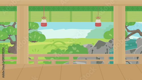 室内から日本庭園を見ている寝殿造の背景イラスト_16:9
