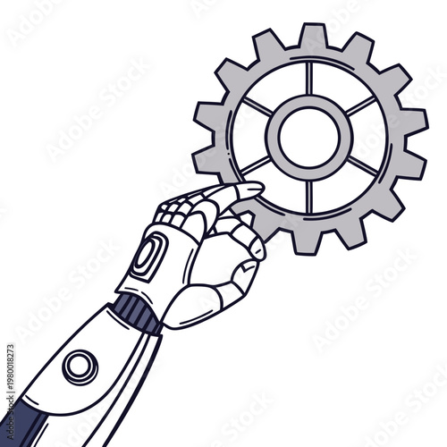 Robotic hand touching gear mechanism illustration representing technology automation mechanical control system a clear illustration of a robotic hand touching a large gear artificial intellige