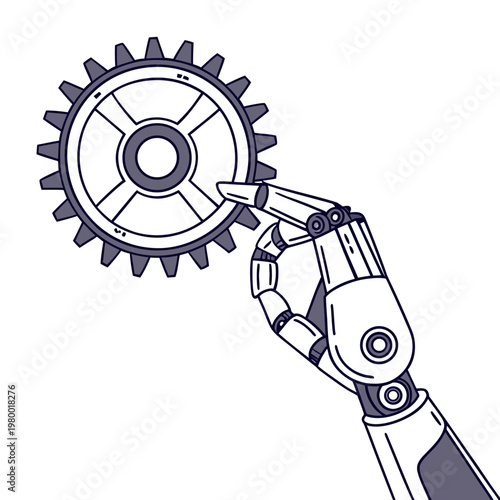 Robotic hand engaging with gear mechanism illustration symbolizing technology automation precision control artificial intelligence digital transformation white background line art science fiction