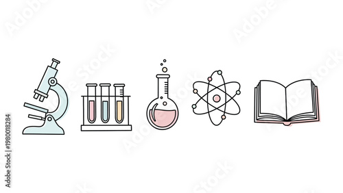 Science Icon Set: An array of scientific tools and symbols, neatly arranged in a row, symbolizing the core elements of scientific study and discovery.