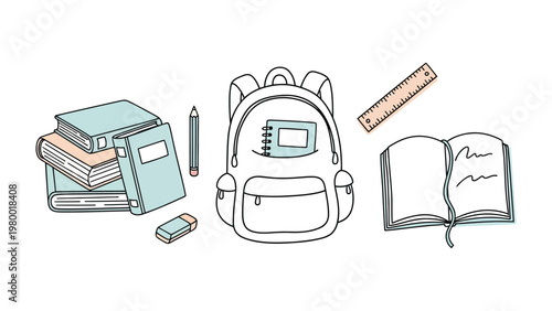 Backpack and Stationary: A collection of essential school supplies, including books, notebook, pencil, eraser, ruler and backpack, ready for learning and exploration.
