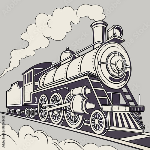 Classic steam engine train traveling on railroad track with billowing smoke clouds in retro line art illustration style locomotive railroad transport transportation industrial heritage