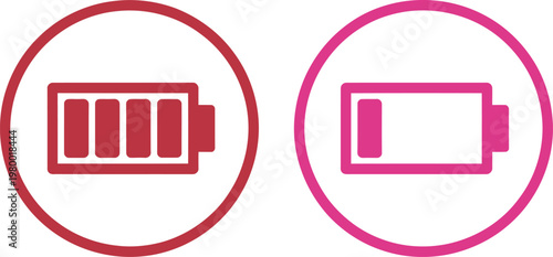 Full and low battery level indicators showing energy status for modern mobile devices and electronic equipment