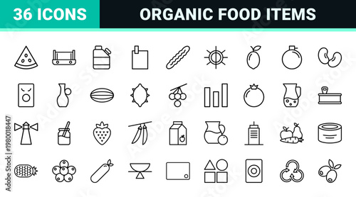 Organic fruit and healthy food minimalist line icons
