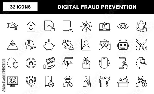 Cyber security and fraud hacking minimalist outline icon set