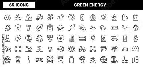 Minimalist green energy and ecology line icons