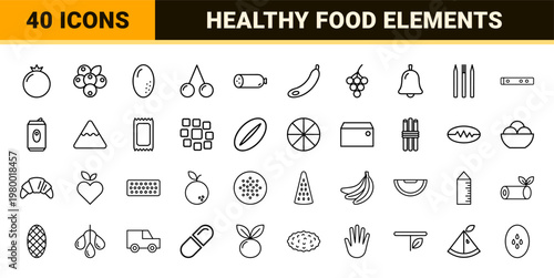 Minimalist organic fruit and vegetable line icon set in black and white grid.