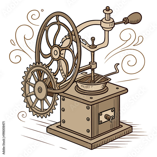 Antique mechanical coffee grinder with large external gears and crank handle hand drawn vintage style kitchen appliance illustration mechanical appliance illustration traditional mechanism